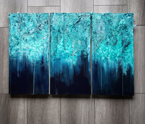 "Ataraxia" | Triptych | 14"x28" | Blue interior Wall artwork for sale
