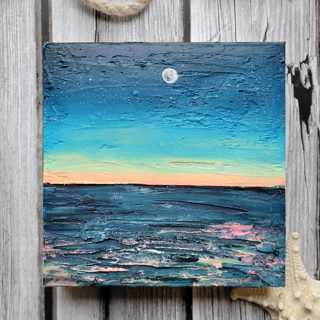 Kiss me Before the sun goes down | 8 x 8 | Sunset moon texture landscape painting