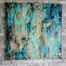 Load image into Gallery viewer, Subdue | 36 x 36 | Blue Gold leaf Acrylic Abstract Interior Artwork for sale
