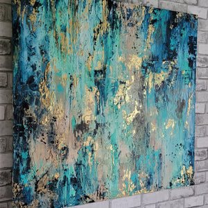 Subdue | 36 x 36 | Blue Gold leaf Acrylic Abstract Interior Artwork for sale